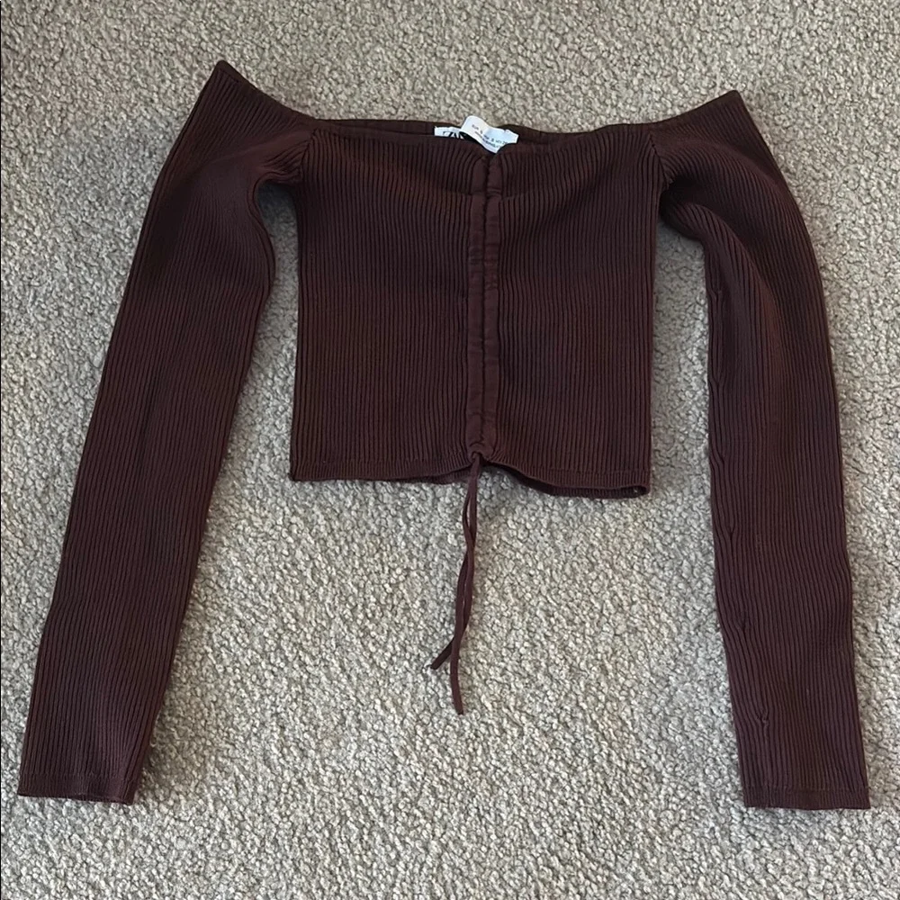 “Zara”: Brown Off-Shoulder Ribbed Top